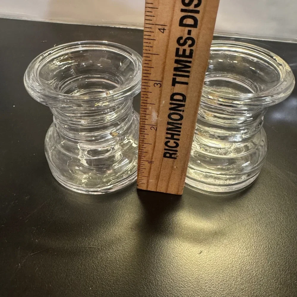 Hand Blown Glass Candle Holders Set of 2 Clear Heavy Ribbed Artisan 3.5in